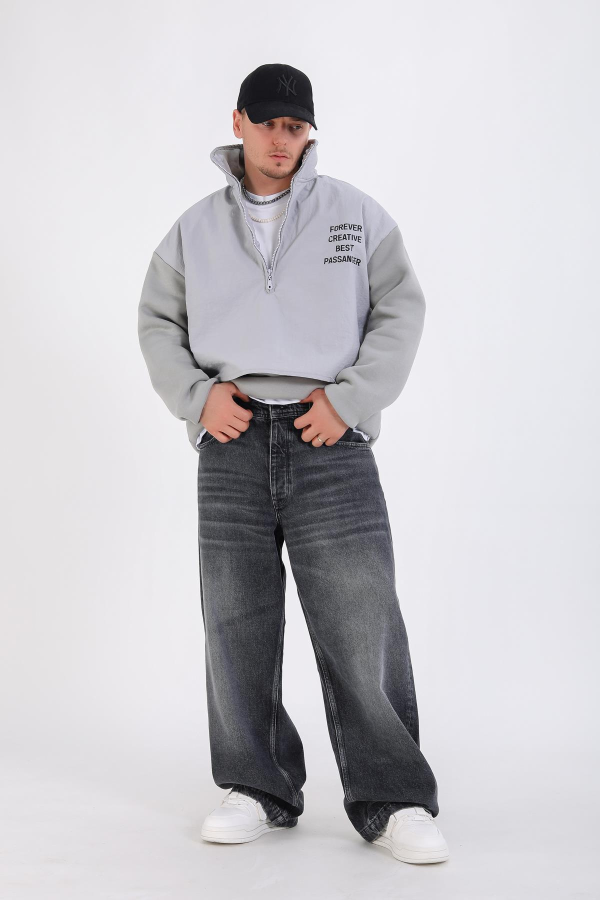 Paraşüt Polar Kumaş Yarım Fermuar Oversize Hoodie SW1341