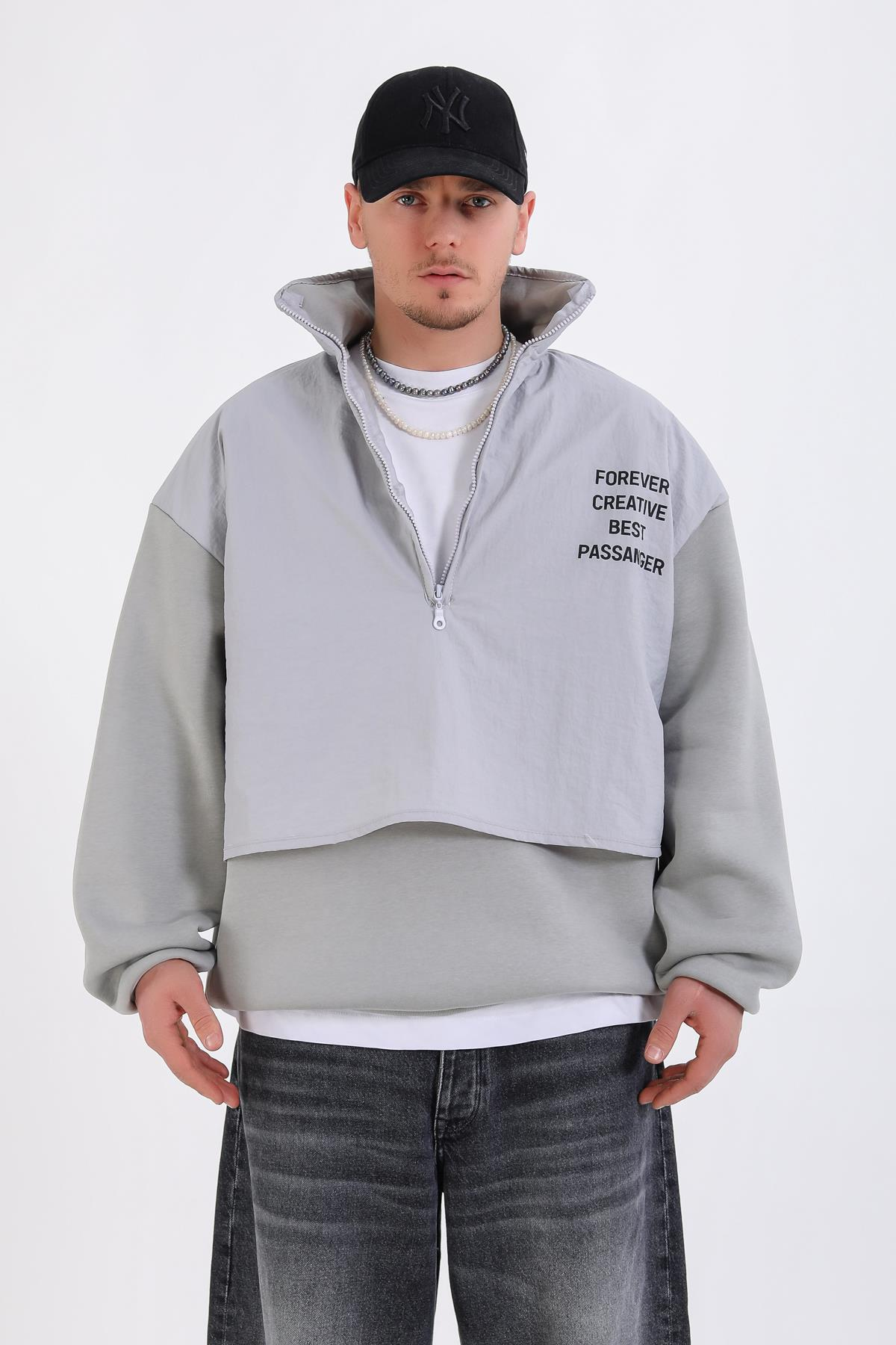 Paraşüt Polar Kumaş Yarım Fermuar Oversize Hoodie SW1341