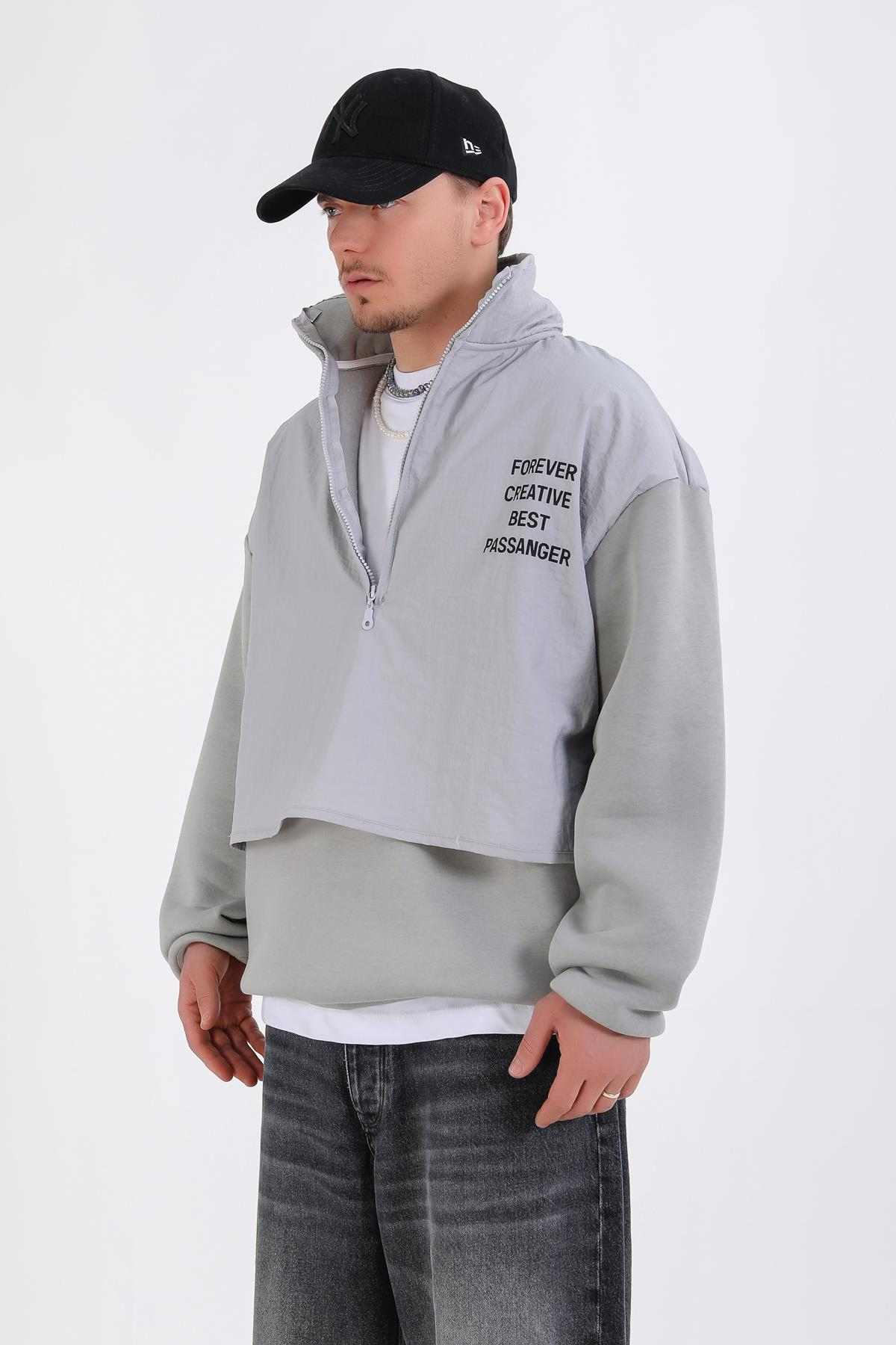 Paraşüt Polar Kumaş Yarım Fermuar Oversize Hoodie SW1341