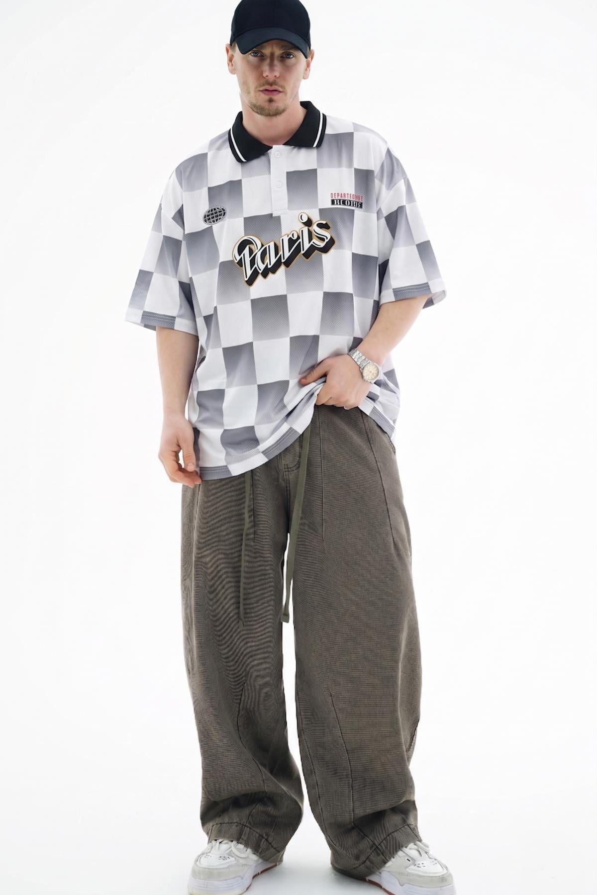 Paris Baskılı Ekose Oversize Forma Tshirt JC01 25Y263