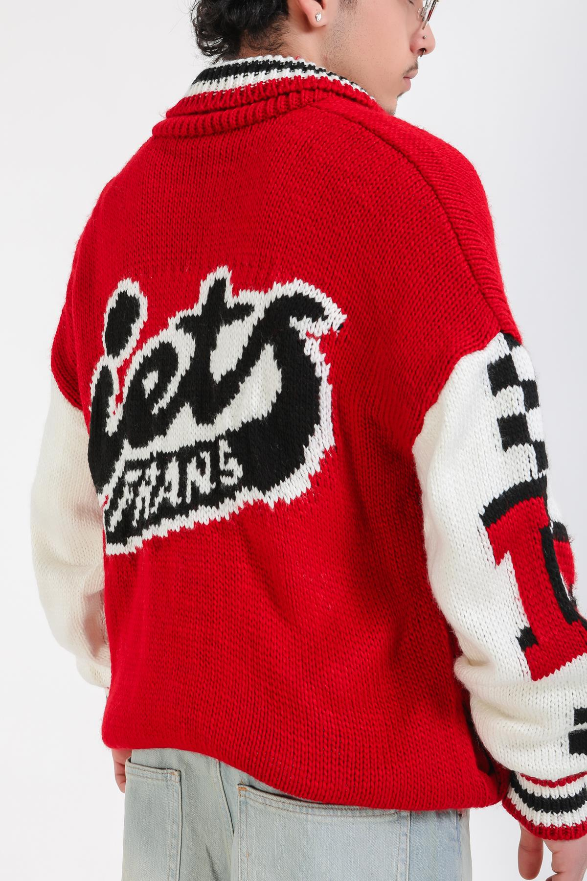 Patch Detay Fermuarlı Kırmızı Oversize Hırka