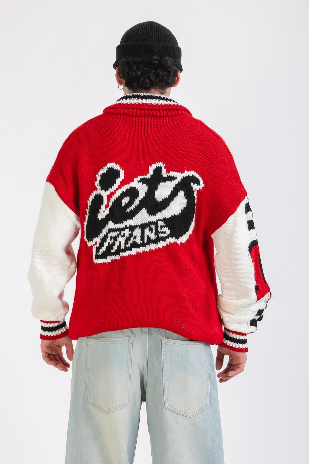 Patch Detay Fermuarlı Kırmızı Oversize Hırka