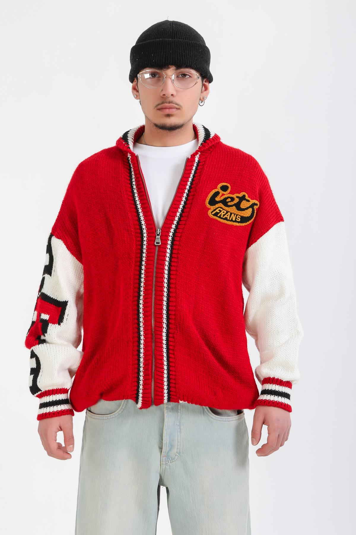Patch Detay Fermuarlı Kırmızı Oversize Hırka