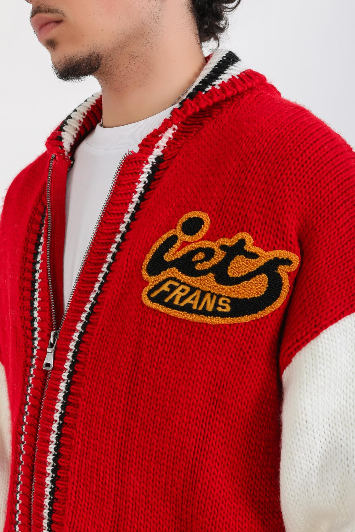 Patch Detay Fermuarlı Kırmızı Oversize Hırka