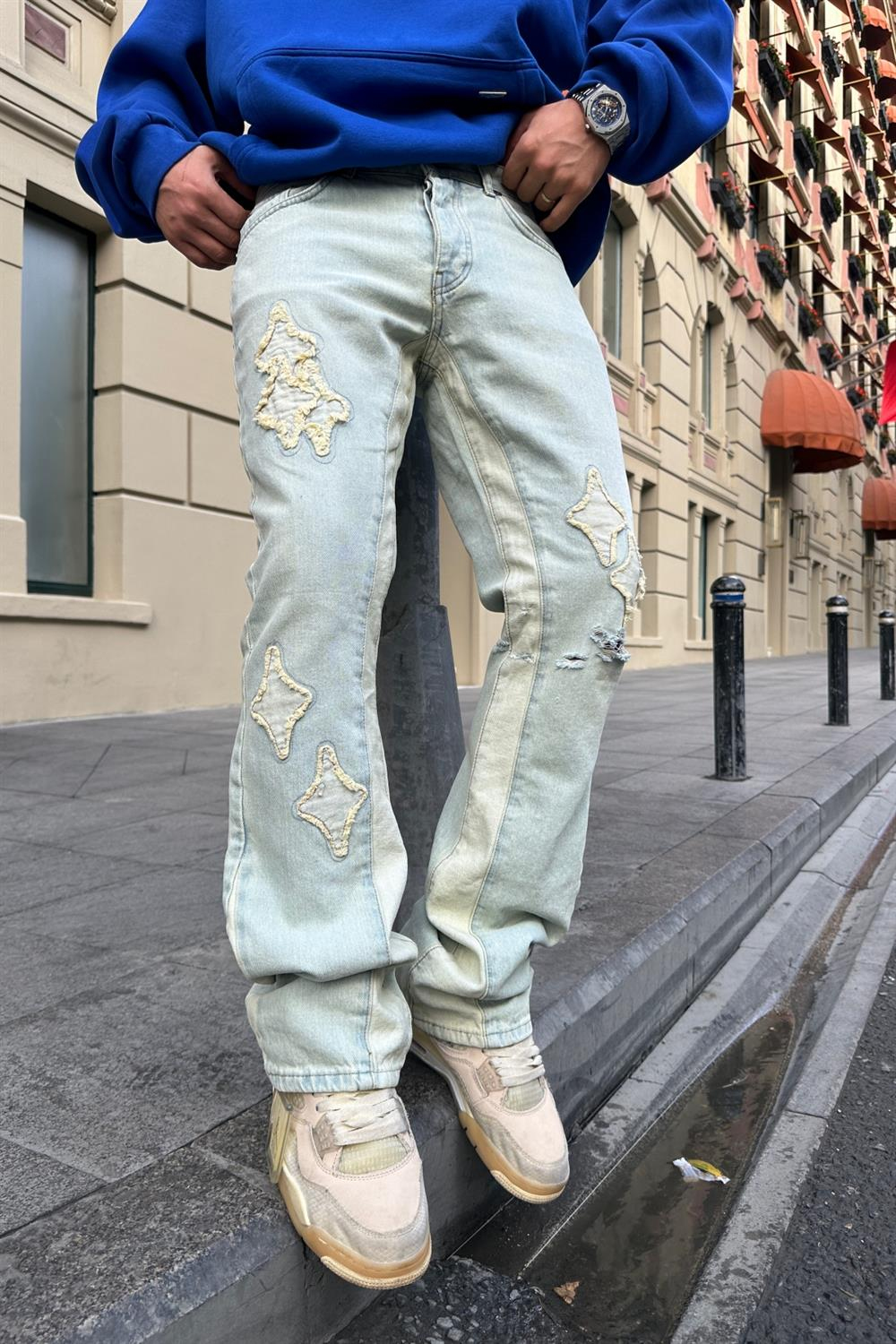 Patch Detay Yıkamalı Şeritli Jean Pantolon P768