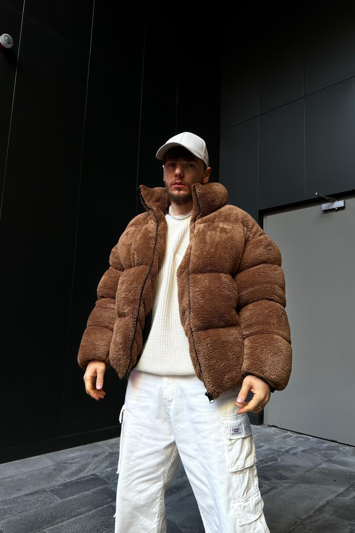 Peluş Kumaş Kahve Puffer Mont MNT128