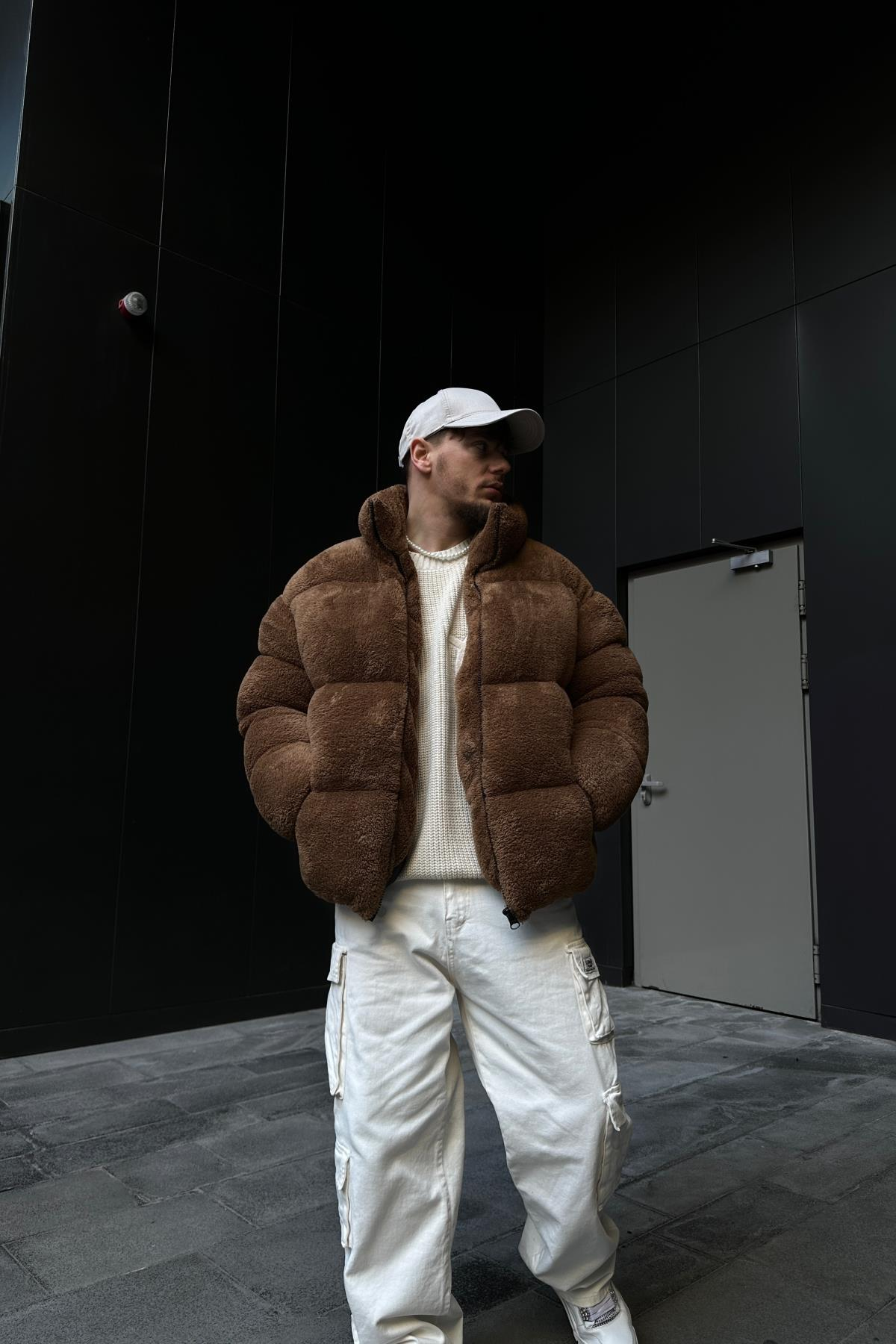 Peluş Kumaş Kahve Puffer Mont MNT128