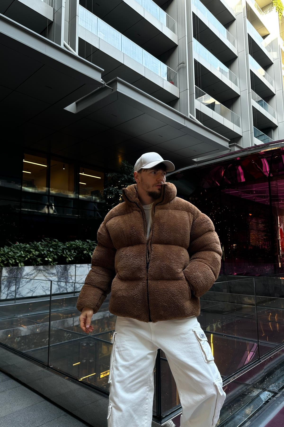 Peluş Kumaş Kahve Puffer Mont MNT128