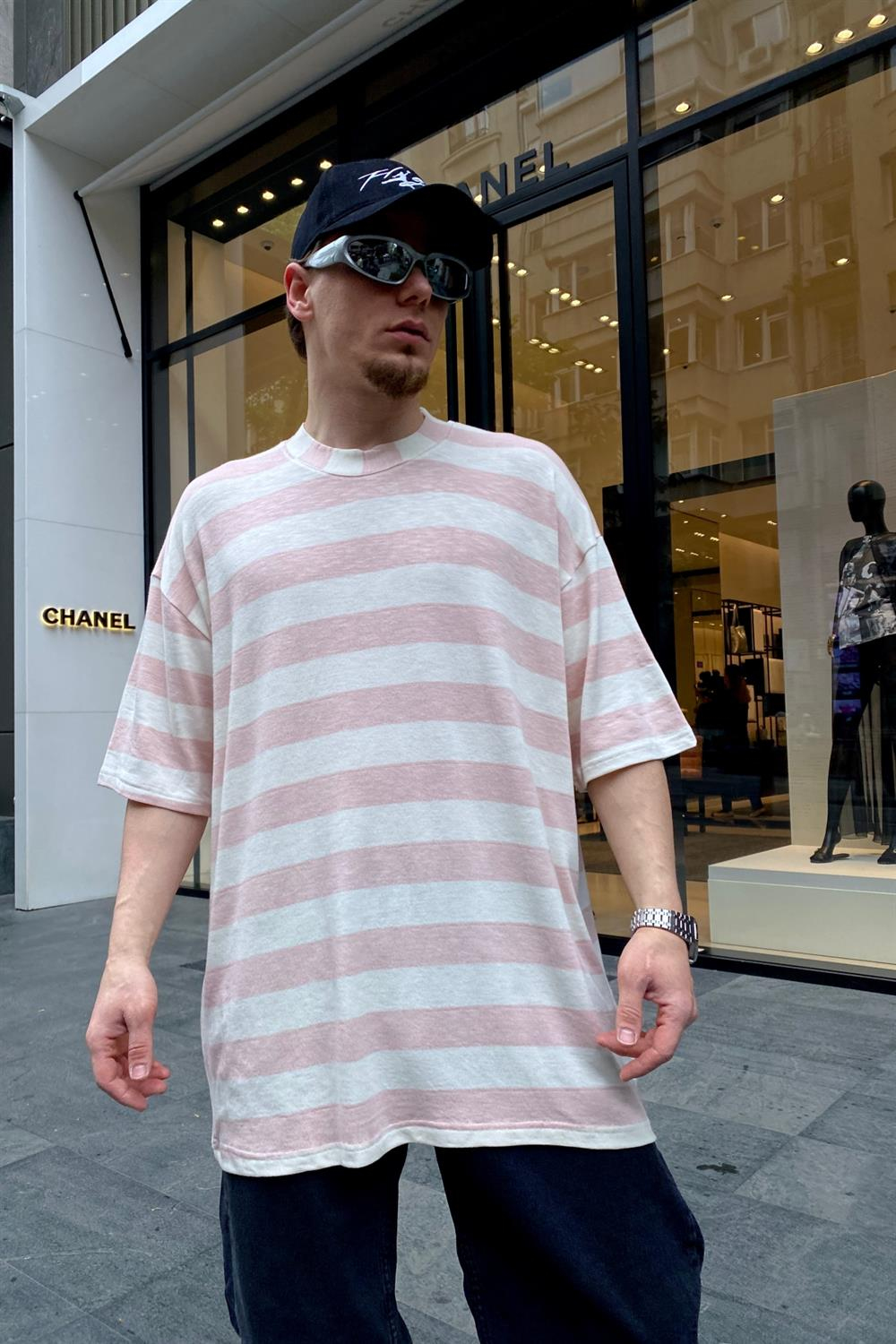 Pembe Çizgili Basic Oversize Tshirt T654