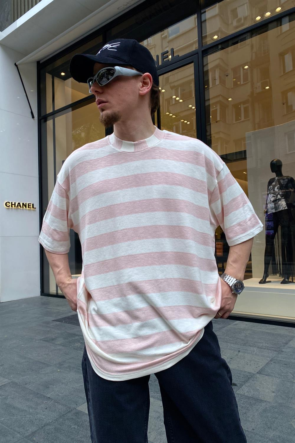 Pembe Çizgili Basic Oversize Tshirt T654