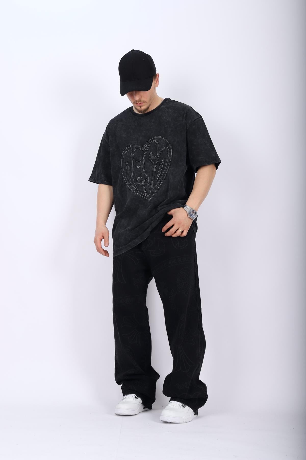 Peso Nakışlı Acid Wash Oversize Tshirt T1011