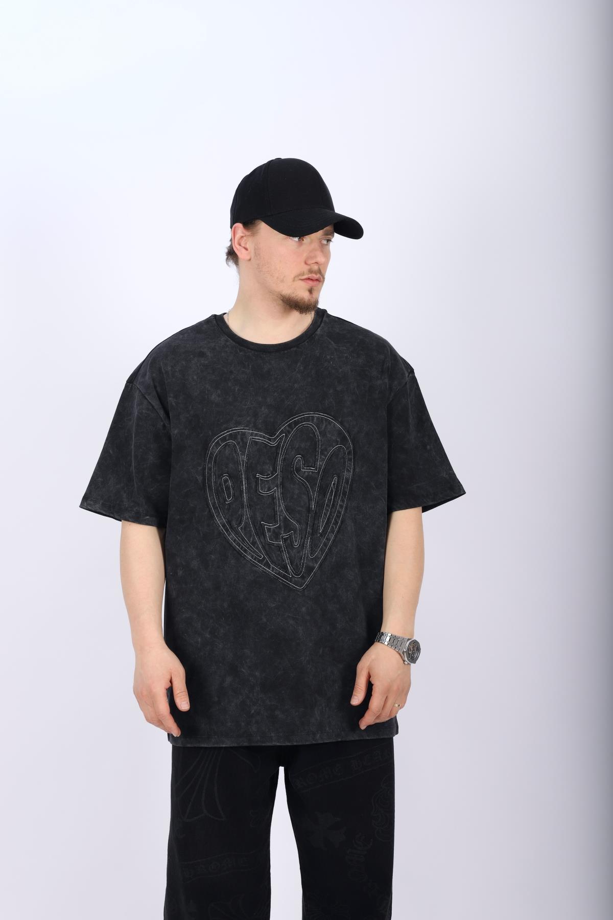 Peso Nakışlı Acid Wash Oversize Tshirt T1011