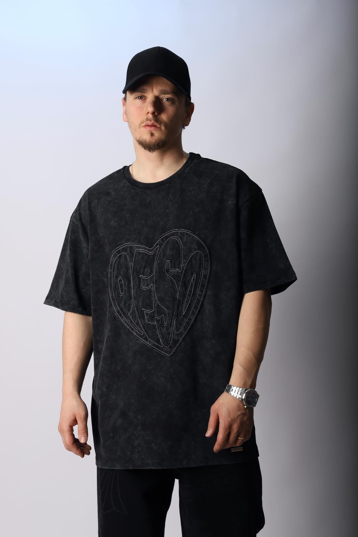 Peso Nakışlı Acid Wash Oversize Tshirt T1011