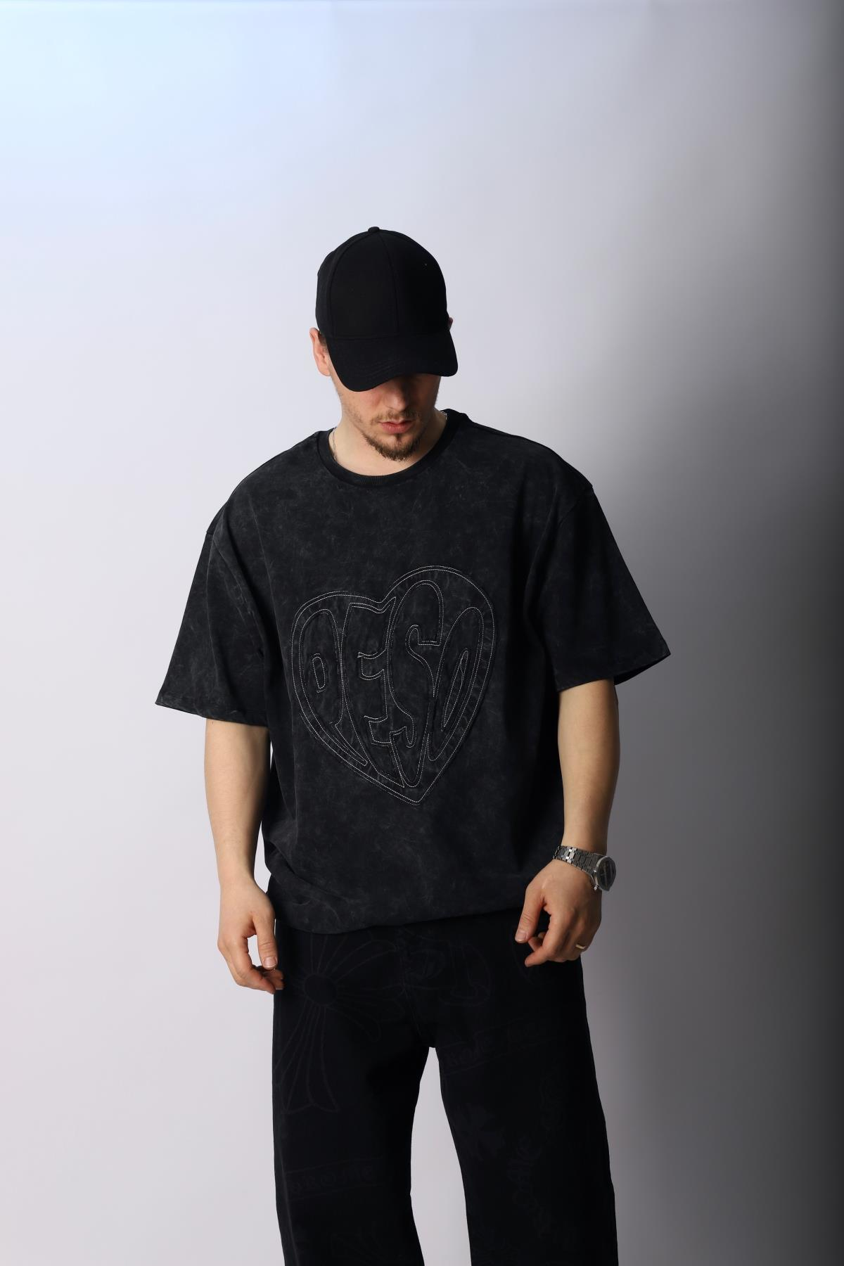 Peso Nakışlı Acid Wash Oversize Tshirt T1011