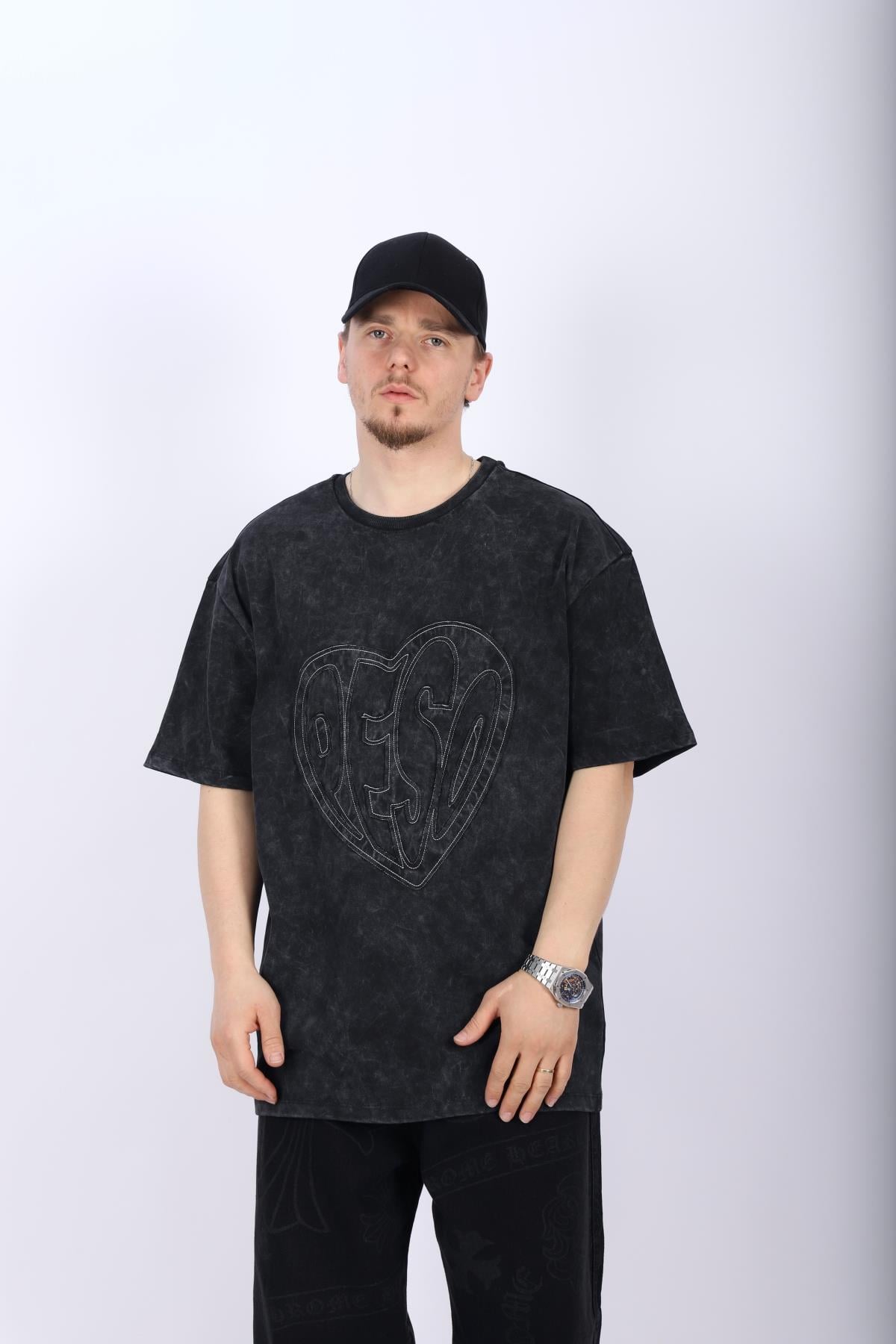 Peso Nakışlı Acid Wash Oversize Tshirt T1011
