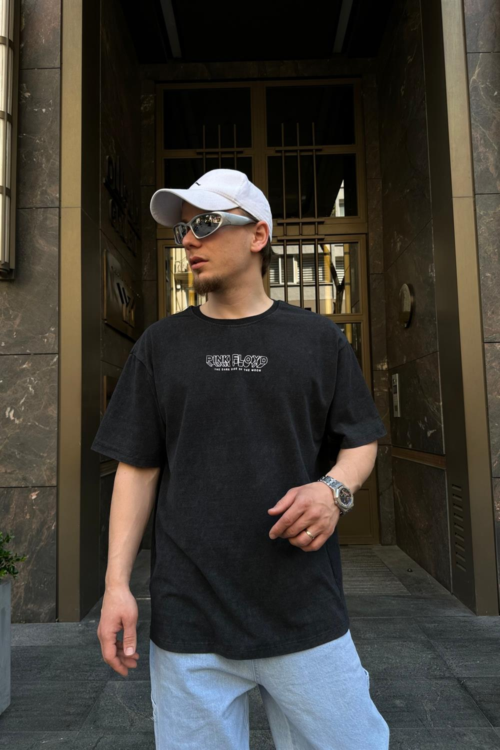PF Baskılı Siyah Oversize Tshirt T736