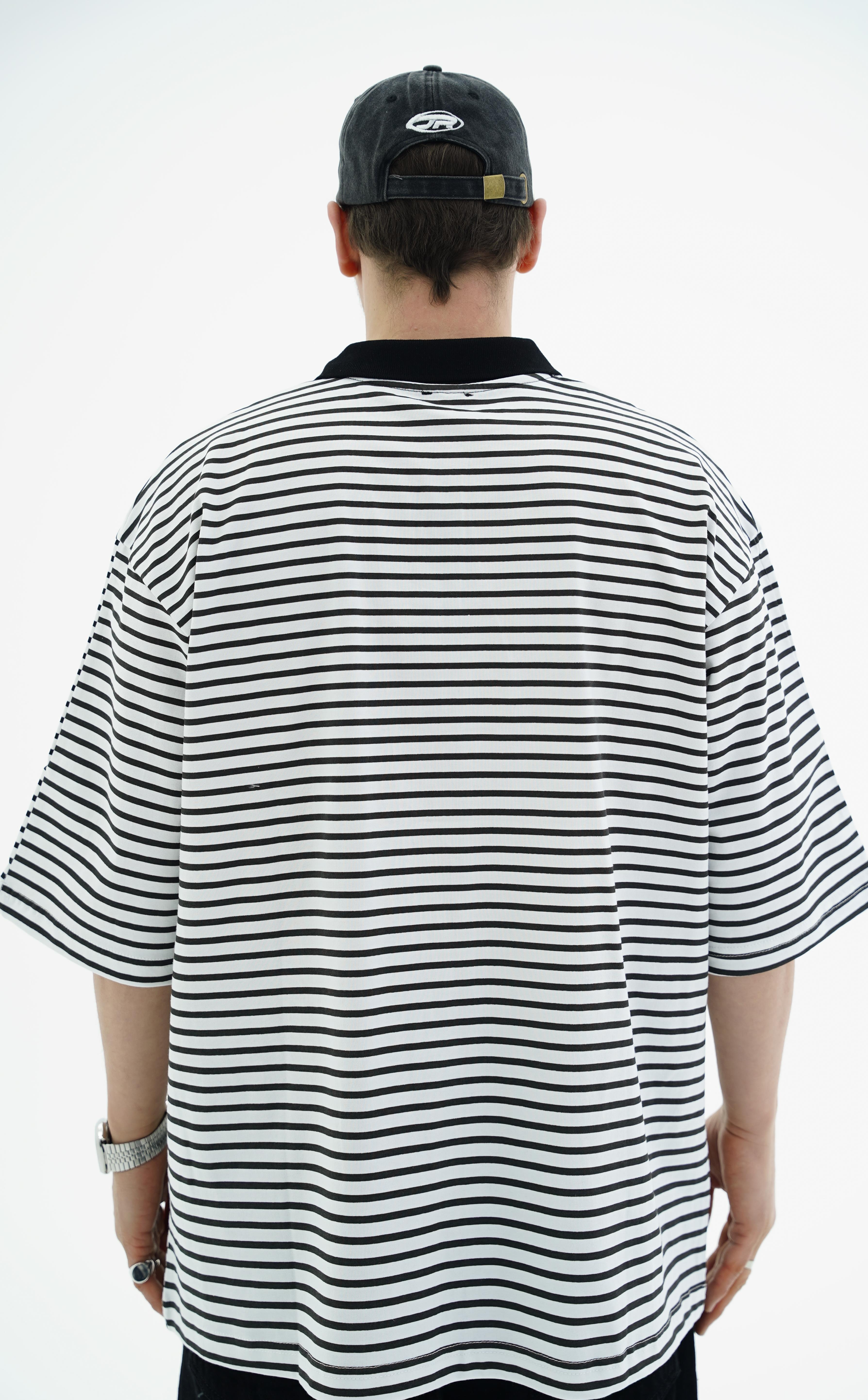 Polo Yaka Çizgili Beyaz Oversize Tshirt JC01 25Y108