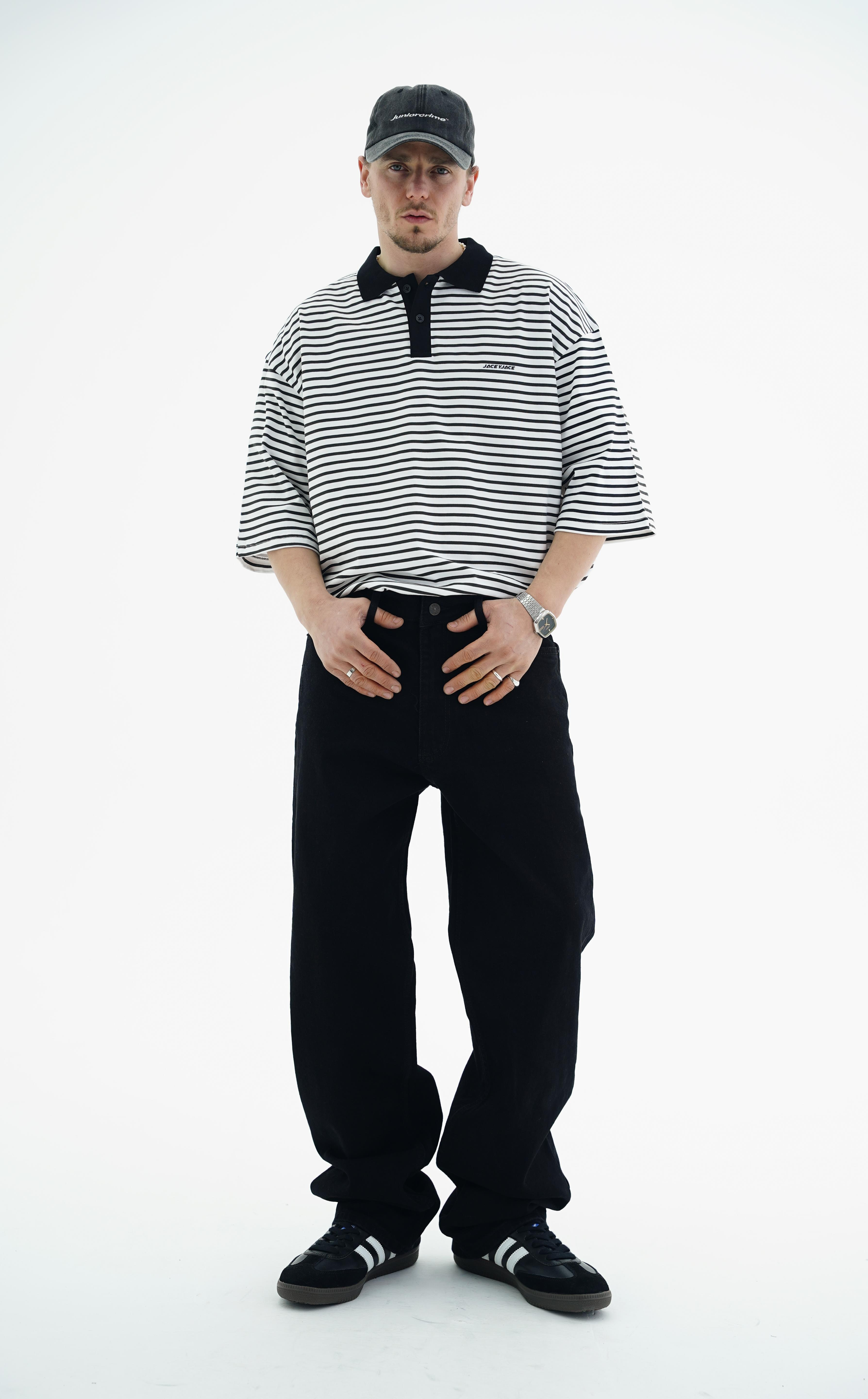 Polo Yaka Çizgili Beyaz Oversize Tshirt JC01 25Y108
