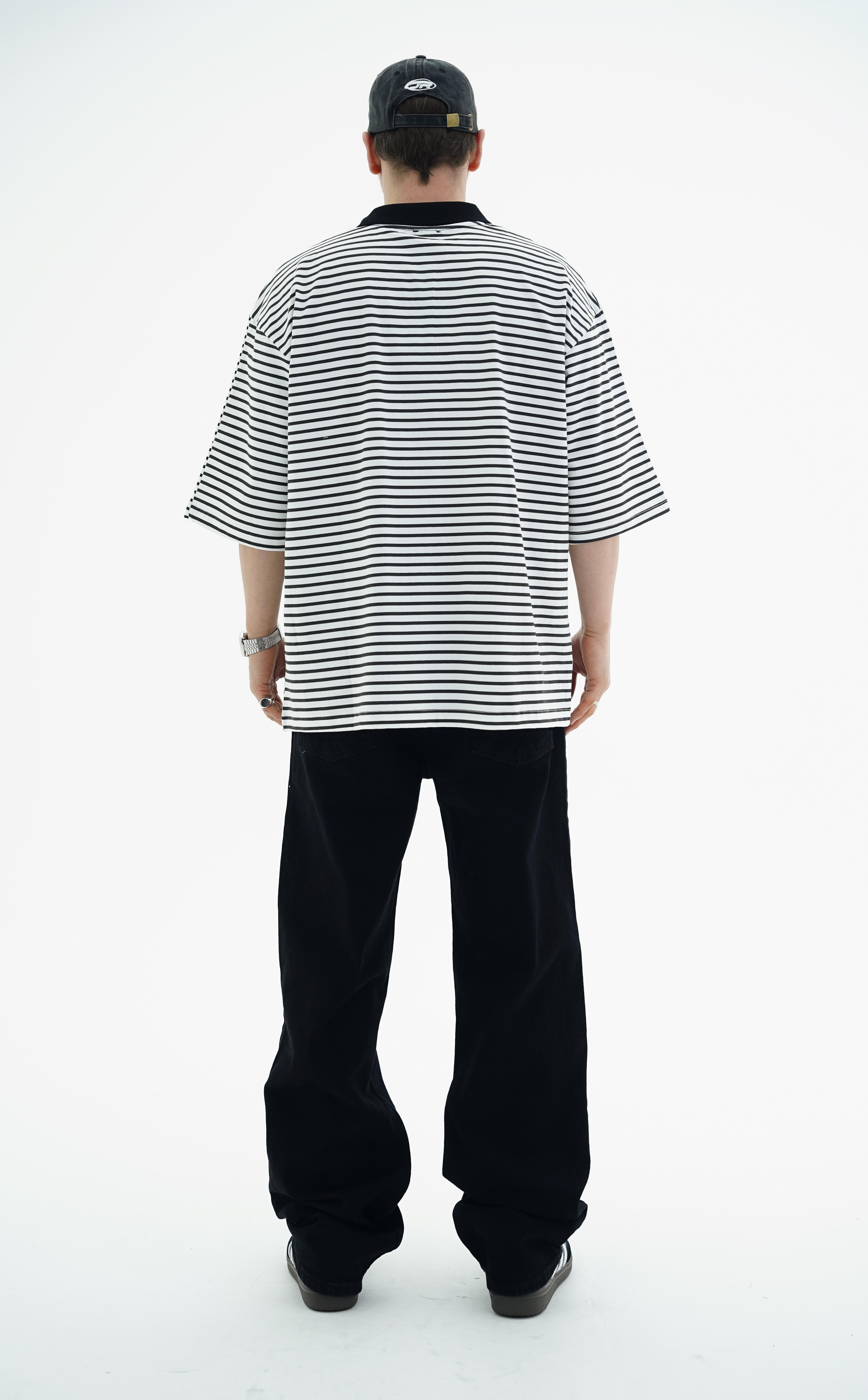 Polo Yaka Çizgili Beyaz Oversize Tshirt JC01 25Y108