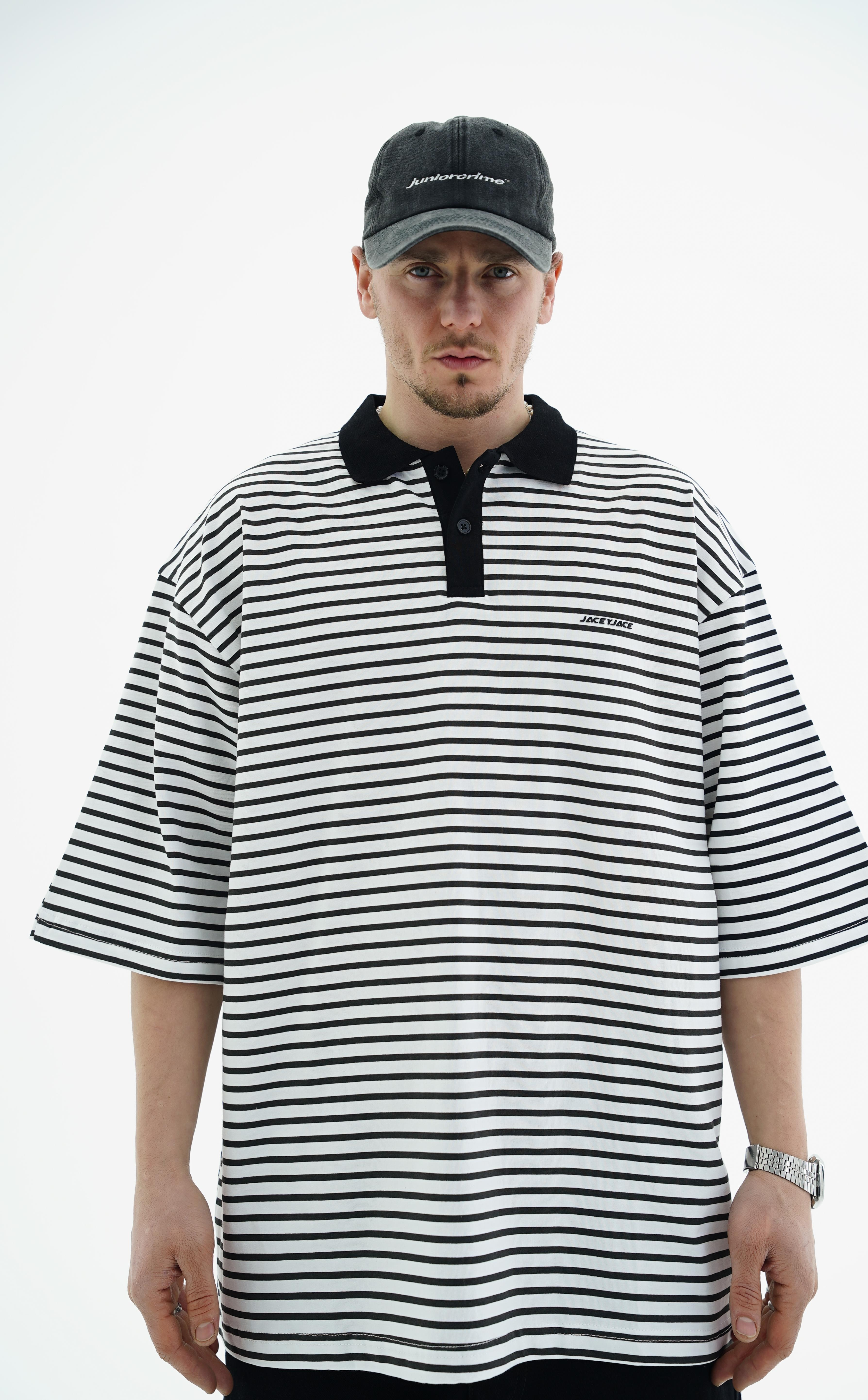 Polo Yaka Çizgili Beyaz Oversize Tshirt JC01 25Y108