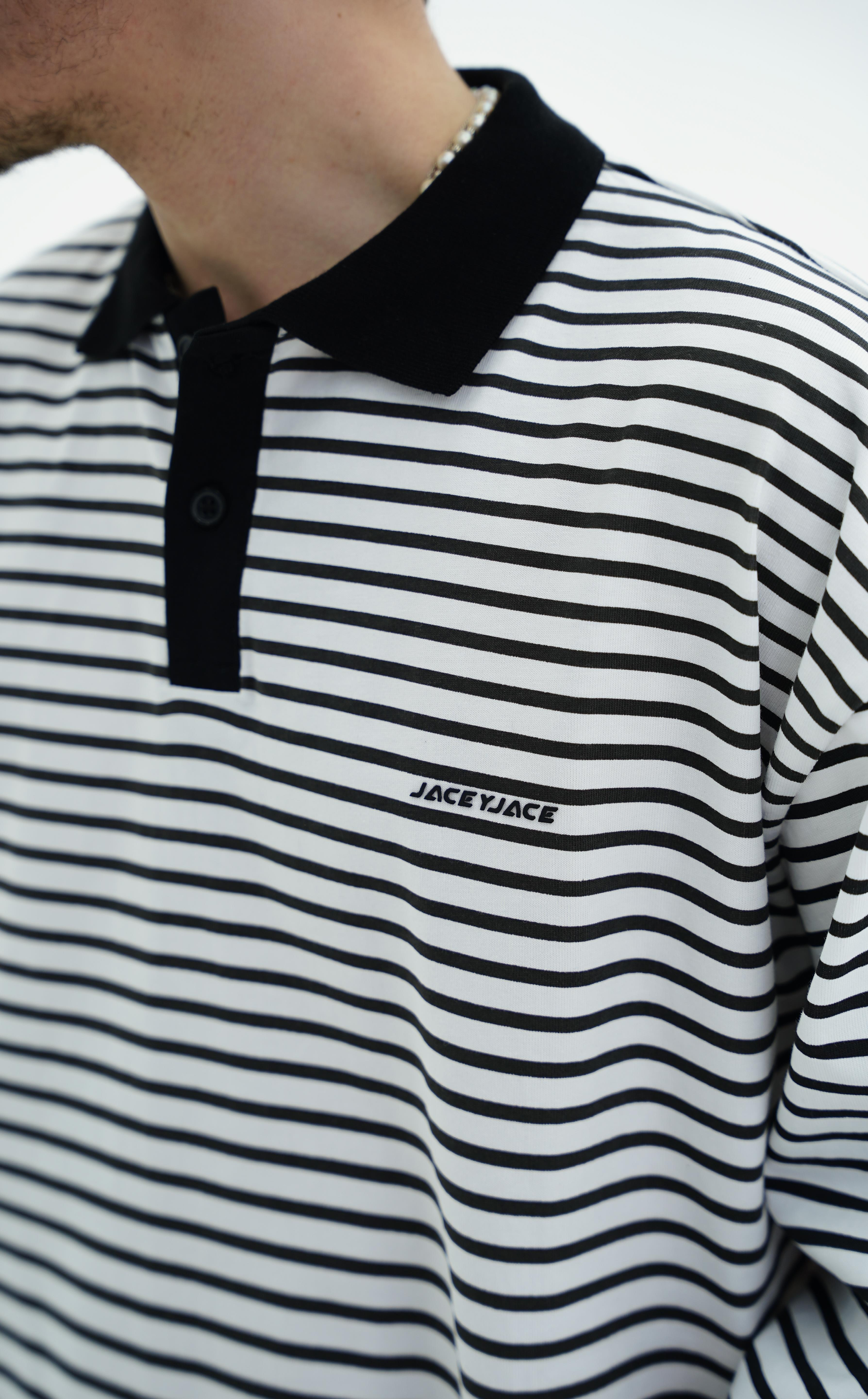 Polo Yaka Çizgili Beyaz Oversize Tshirt JC01 25Y108