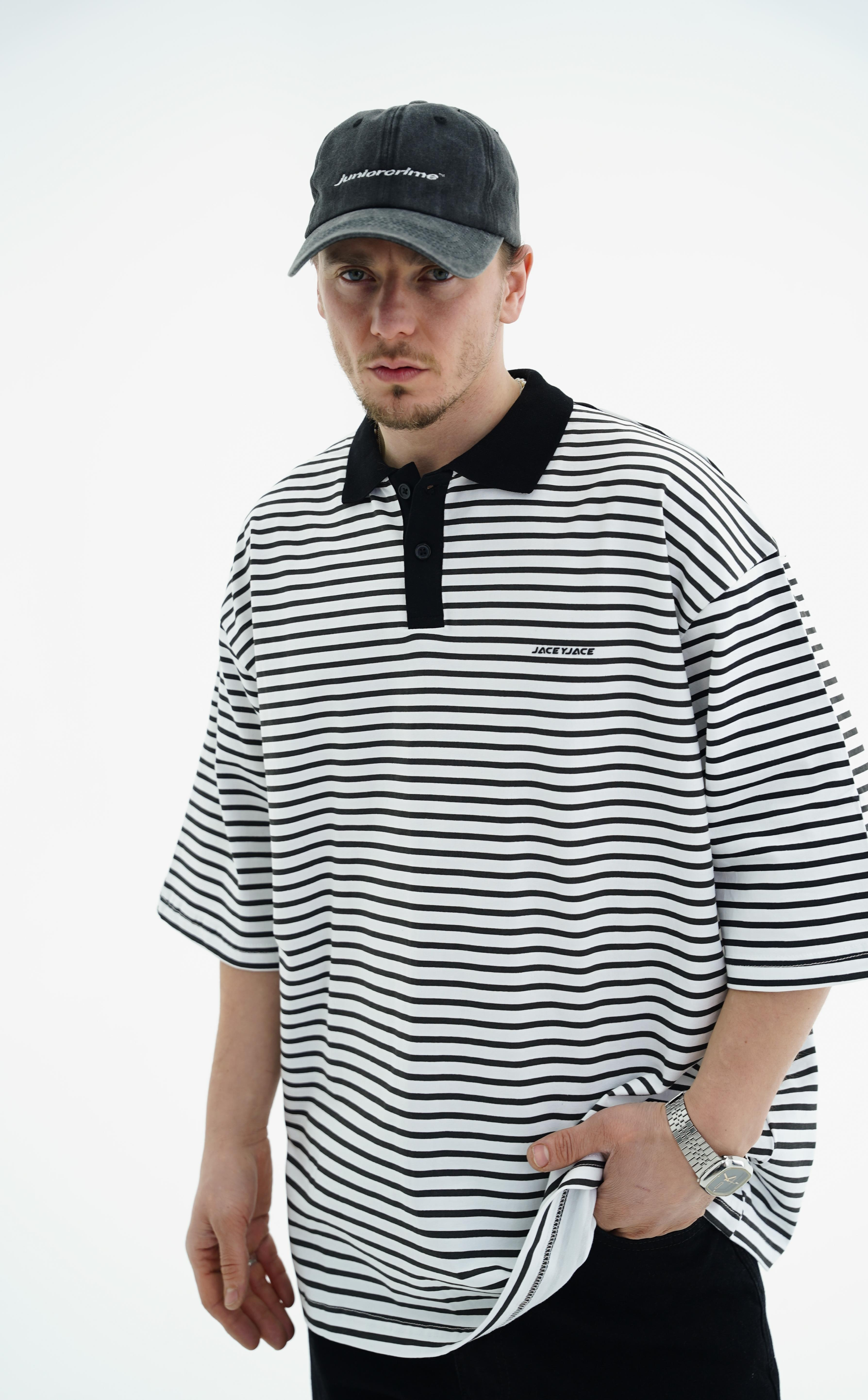 Polo Yaka Çizgili Beyaz Oversize Tshirt JC01 25Y108