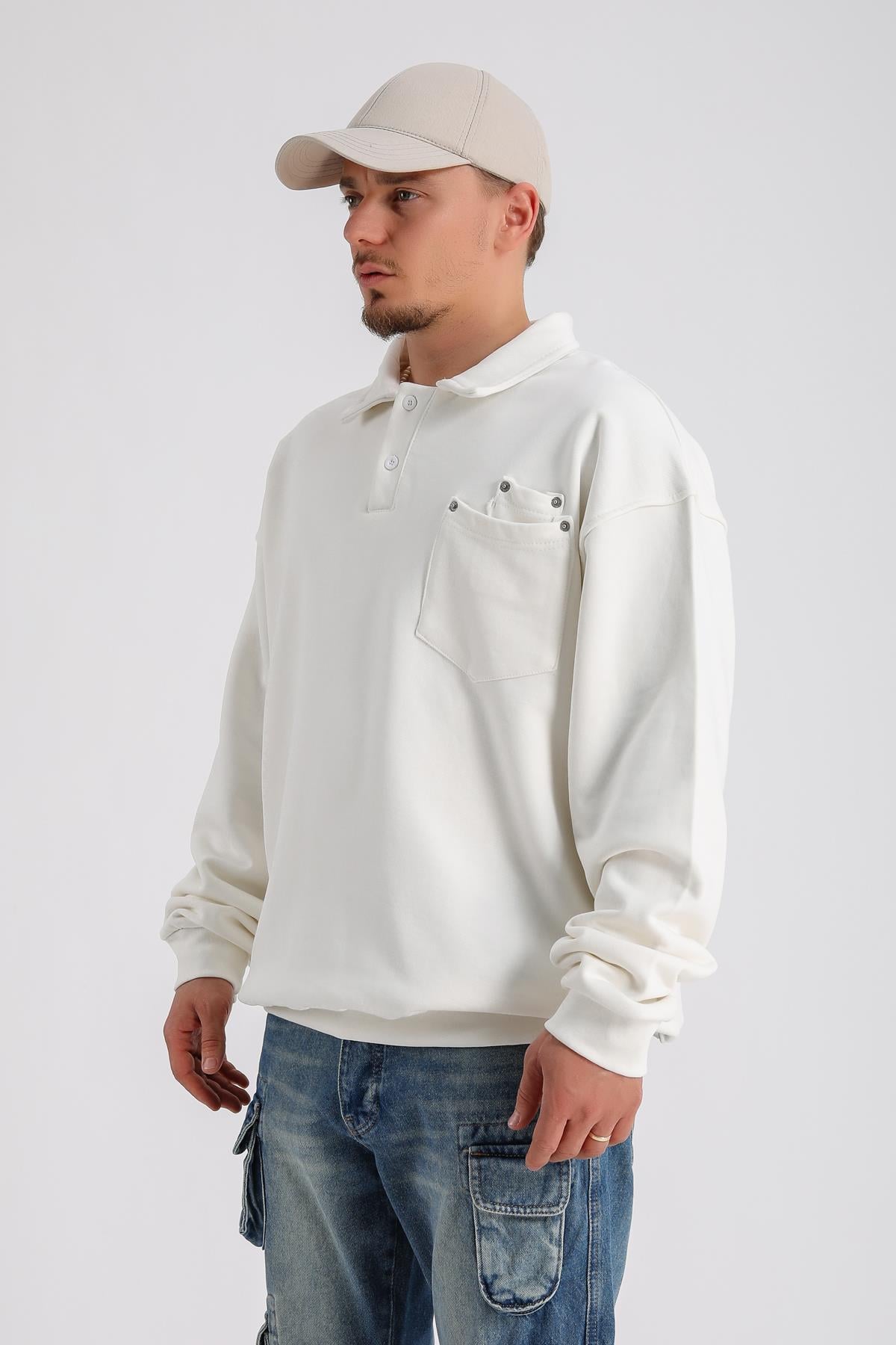Polo Yaka Krem Zımba Detay Oversize Sleeved SW1143