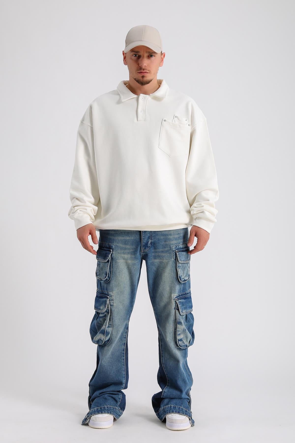 Polo Yaka Krem Zımba Detay Oversize Sleeved SW1143