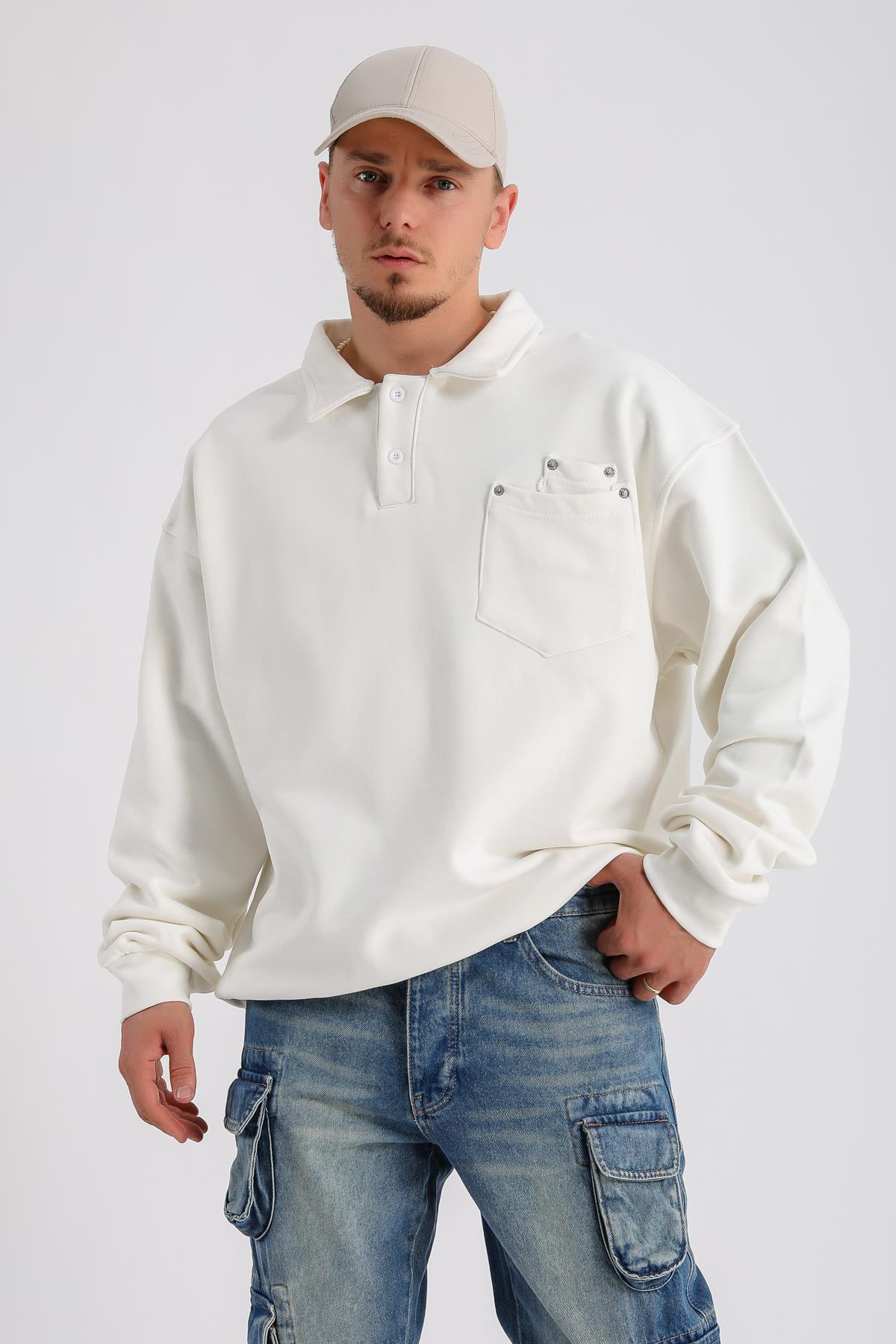 Polo Yaka Krem Zımba Detay Oversize Sleeved SW1143
