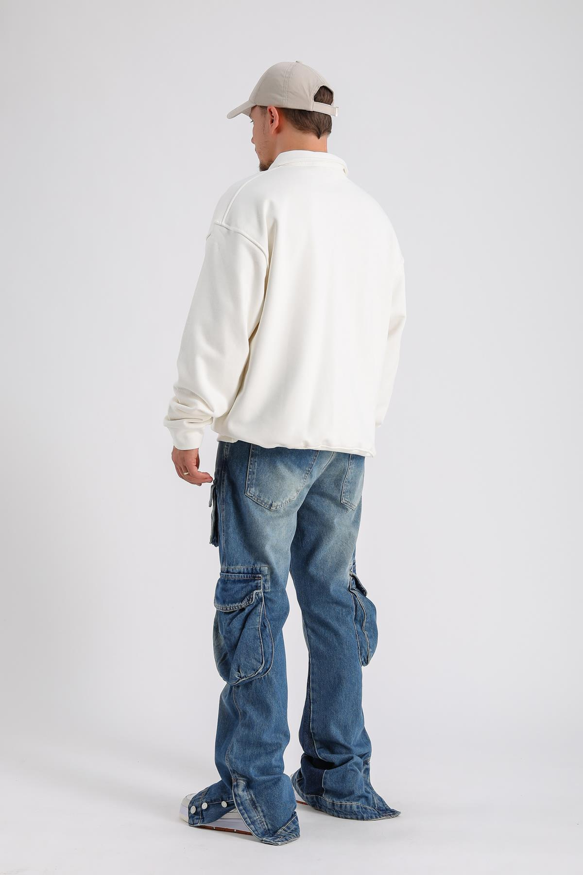 Polo Yaka Krem Zımba Detay Oversize Sleeved SW1143