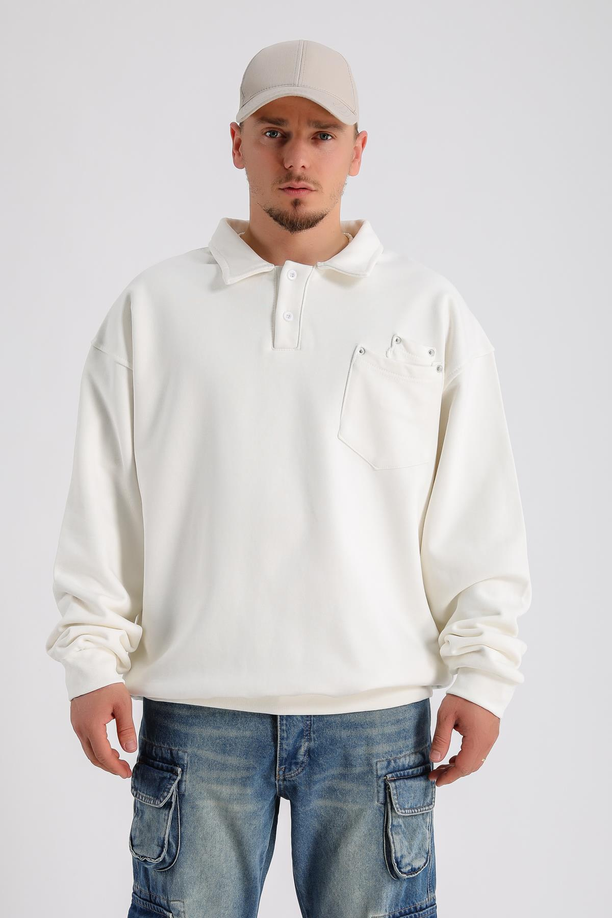 Polo Yaka Krem Zımba Detay Oversize Sleeved SW1143