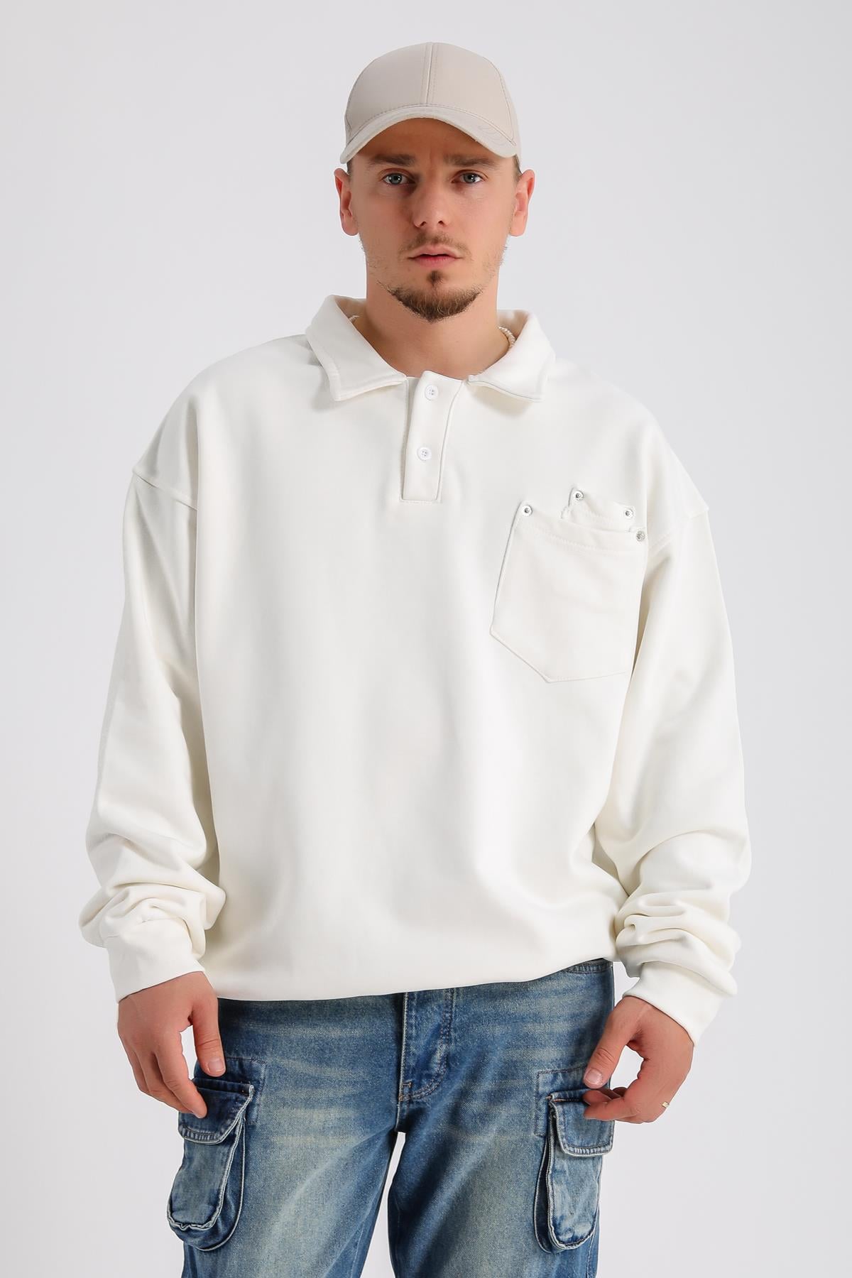Polo Yaka Krem Zımba Detay Oversize Sleeved SW1143