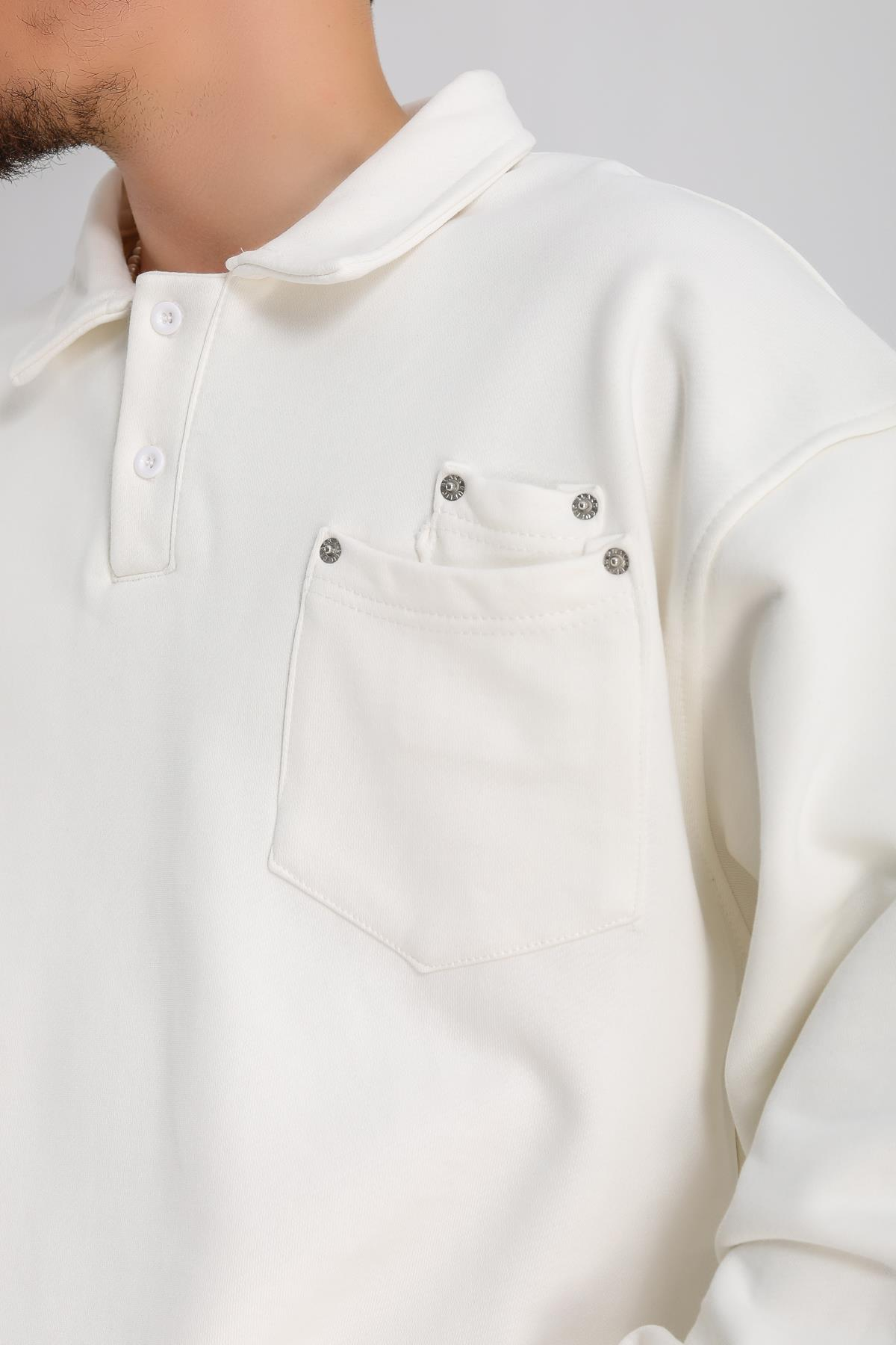 Polo Yaka Krem Zımba Detay Oversize Sleeved SW1143
