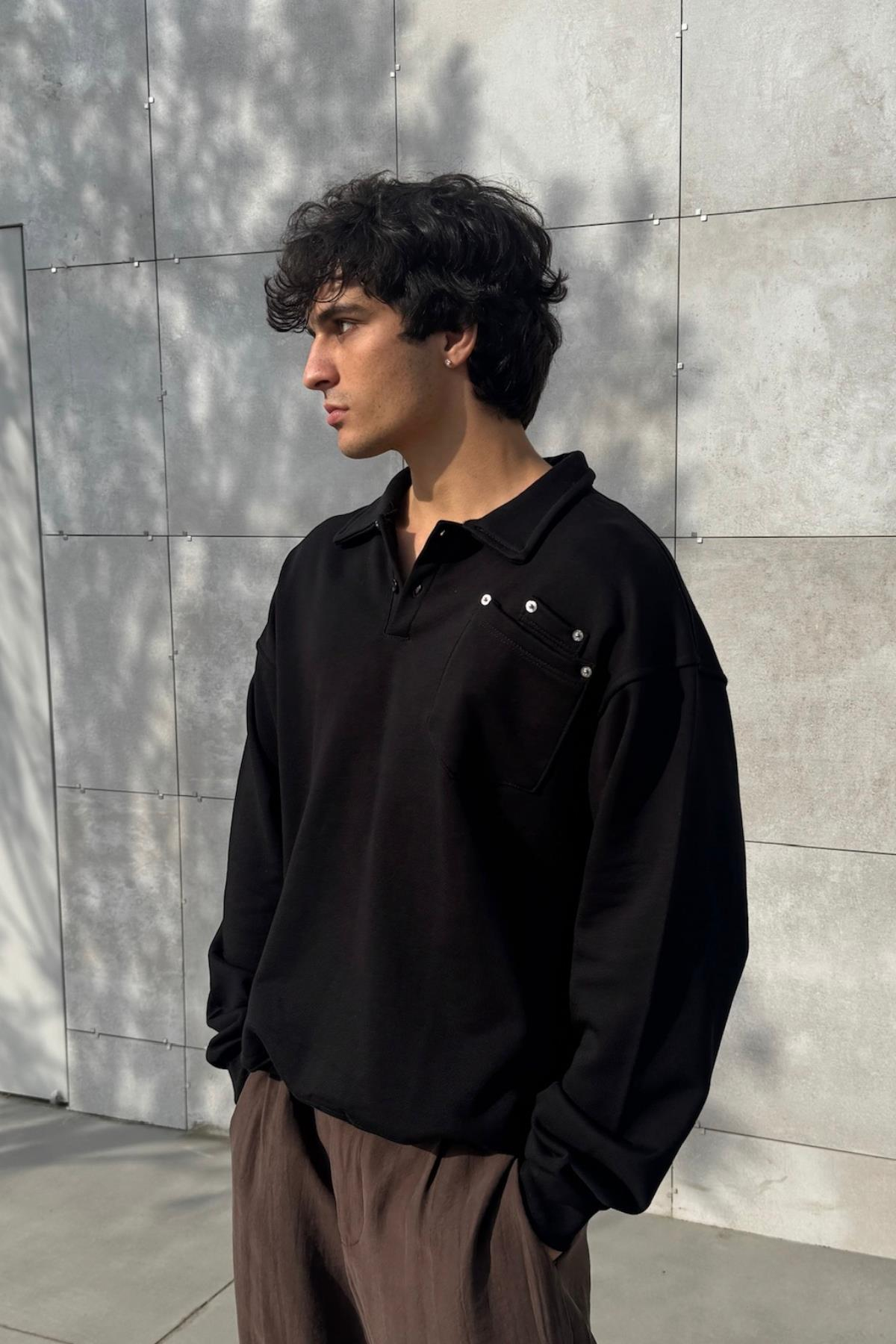 Polo Yaka Siyah Oversize Sweatshirt