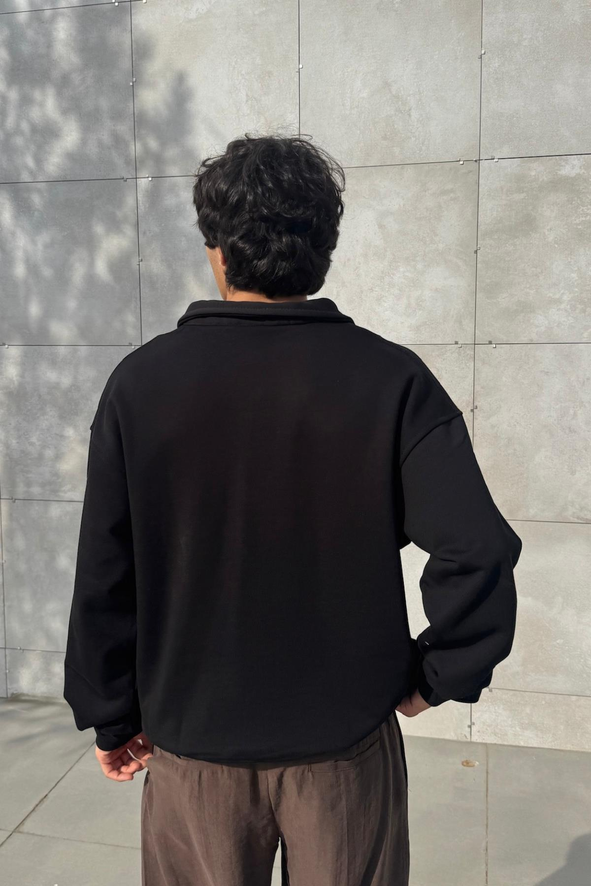 Polo Yaka Siyah Oversize Sweatshirt