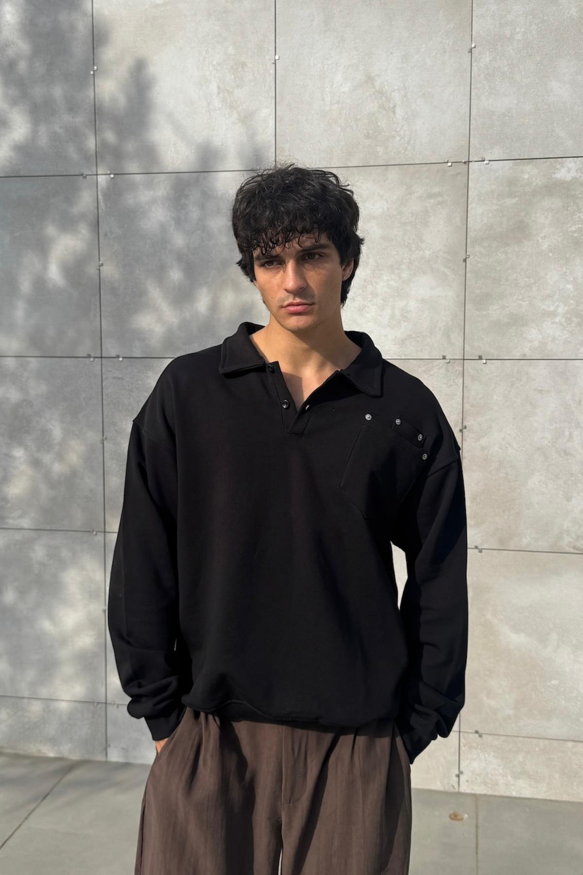 Polo Yaka Siyah Oversize Sweatshirt