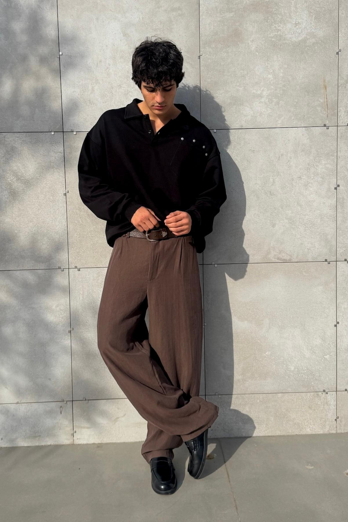Polo Yaka Siyah Oversize Sweatshirt