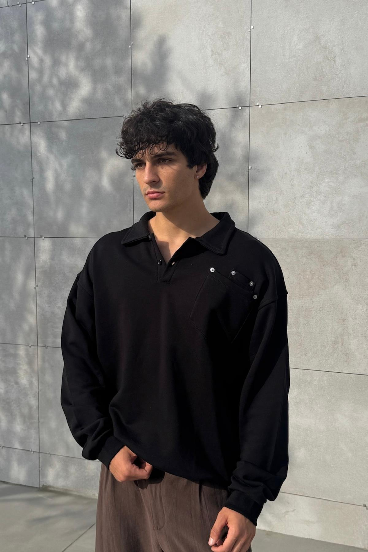 Polo Yaka Siyah Oversize Sweatshirt