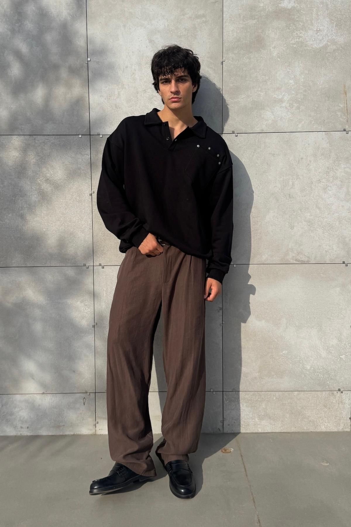 Polo Yaka Siyah Oversize Sweatshirt