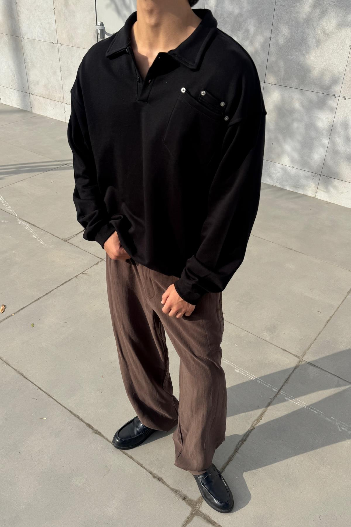 Polo Yaka Siyah Oversize Sweatshirt