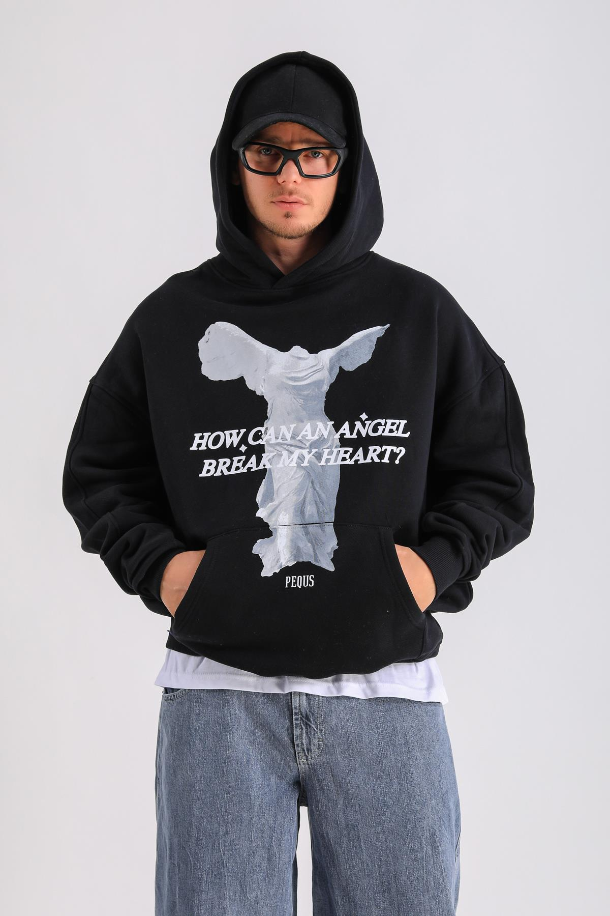PQS Angel Baskılı Siyah Oversize Hoodie SW1251