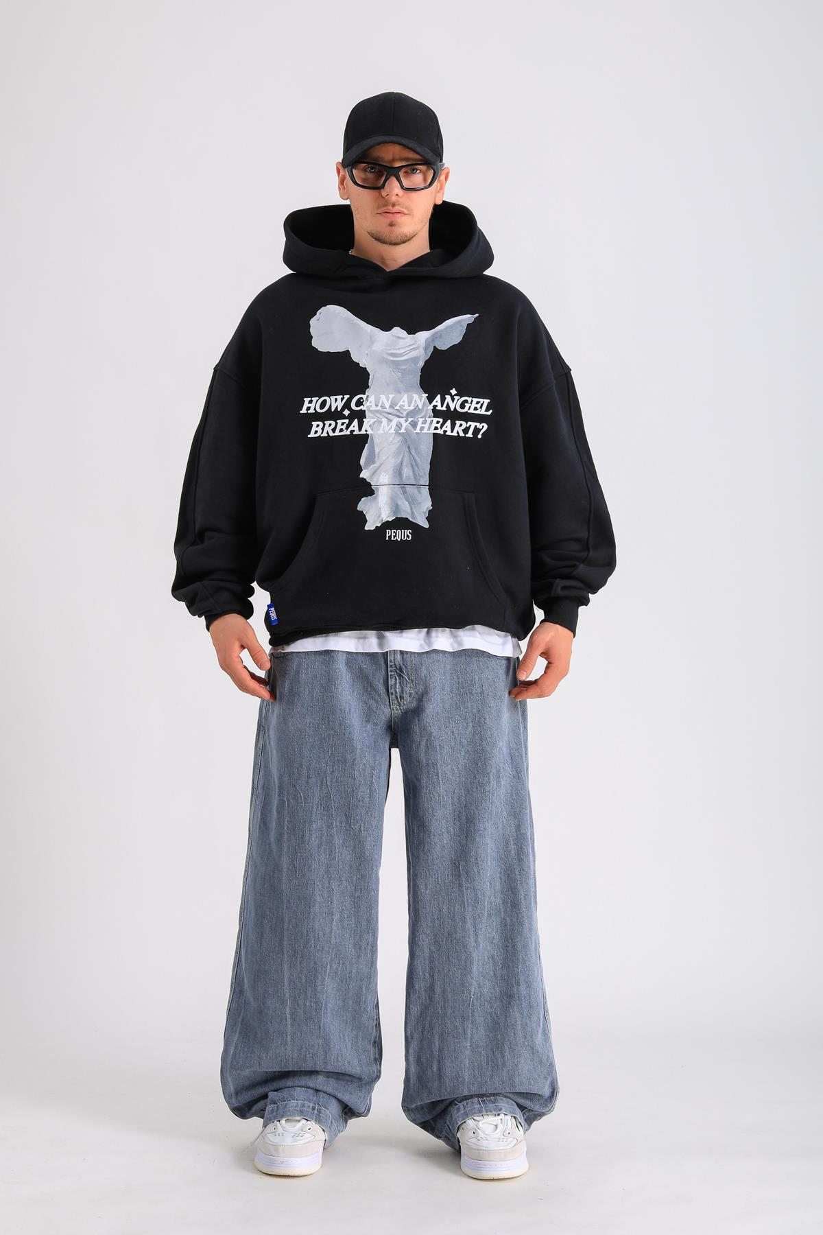PQS Angel Baskılı Siyah Oversize Hoodie SW1251
