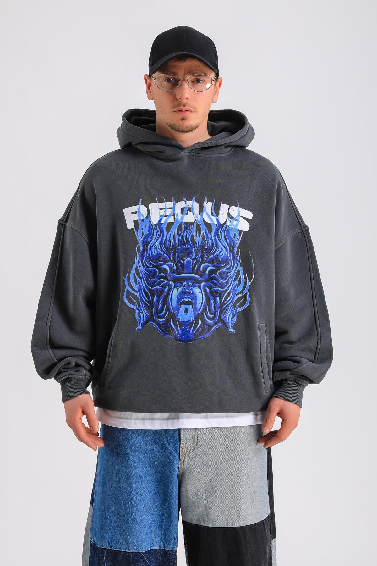PQS Baskılı Füme Oversize Hoodie SW1230