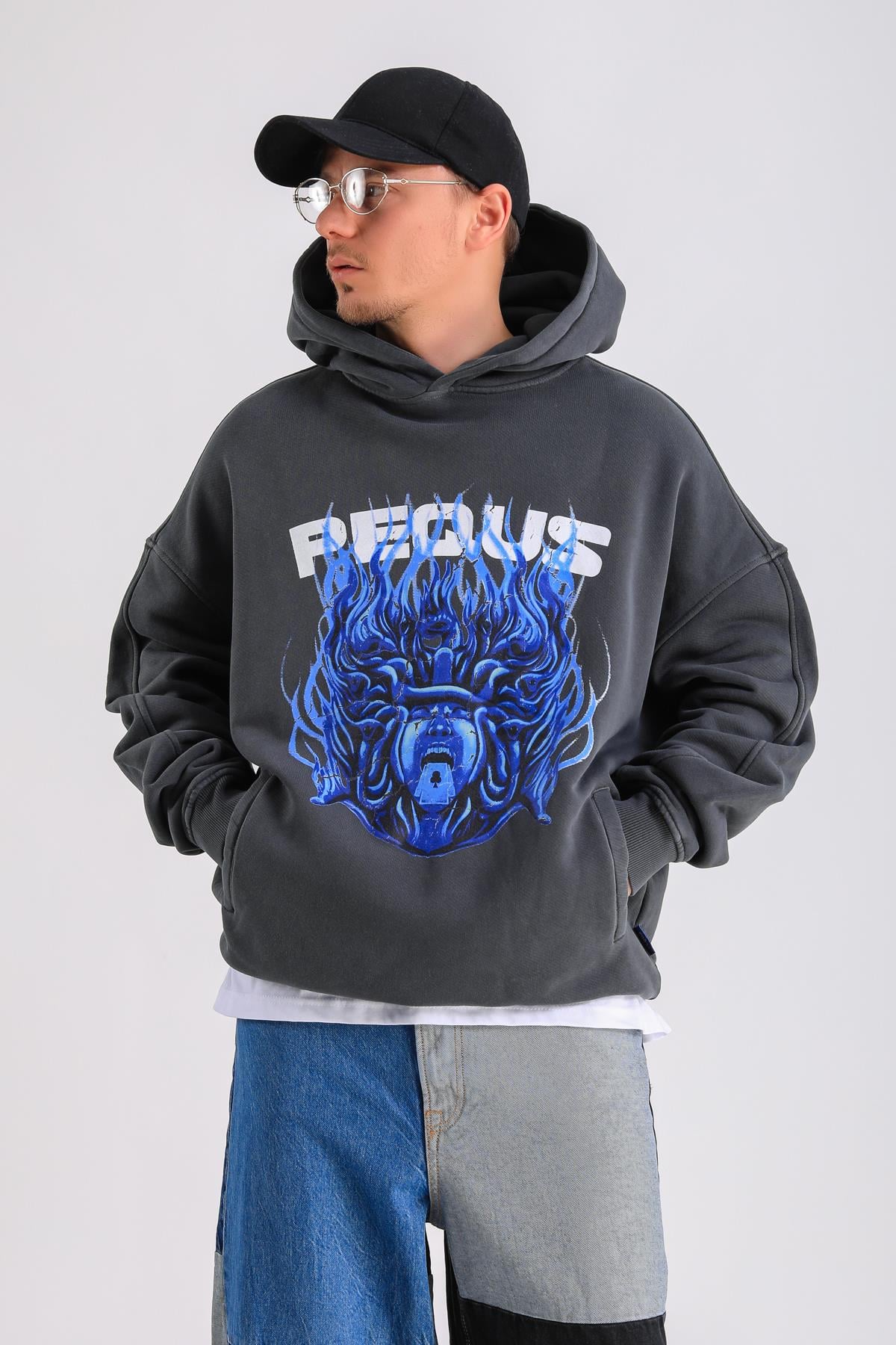 PQS Baskılı Füme Oversize Hoodie SW1230