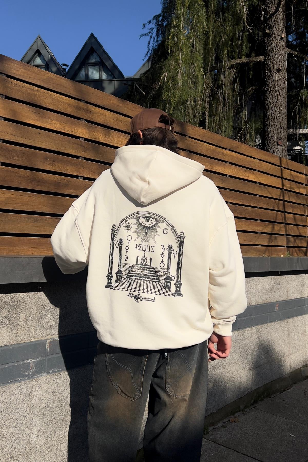PQS Baskılı Krem Oversize Zipper Hoodie SW1332