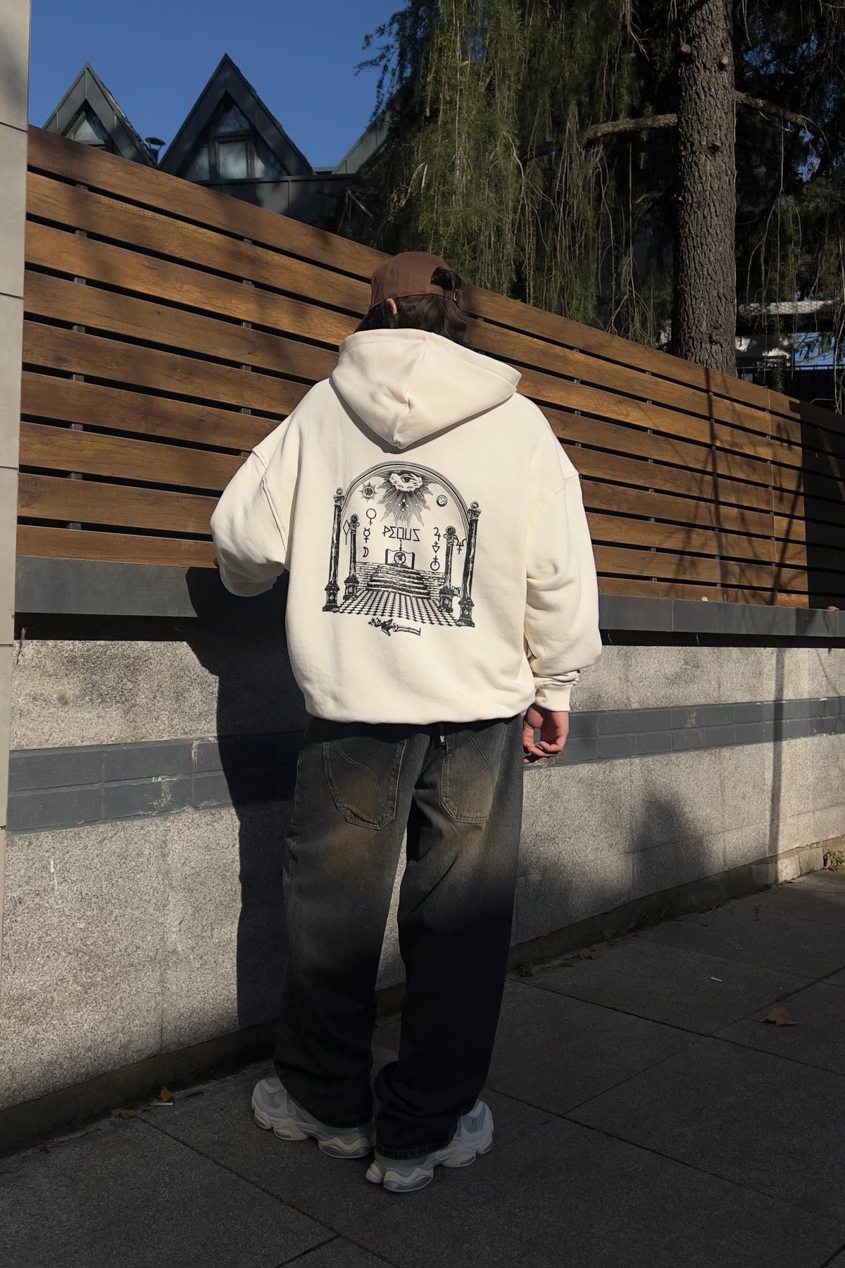 PQS Baskılı Krem Oversize Zipper Hoodie SW1332