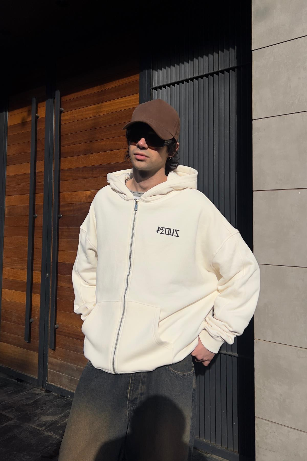 PQS Baskılı Krem Oversize Zipper Hoodie SW1332