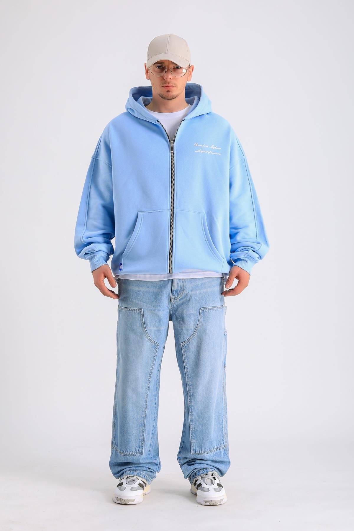 PQS Baskılı Mavi Oversize Zipper Hoodie SW1232