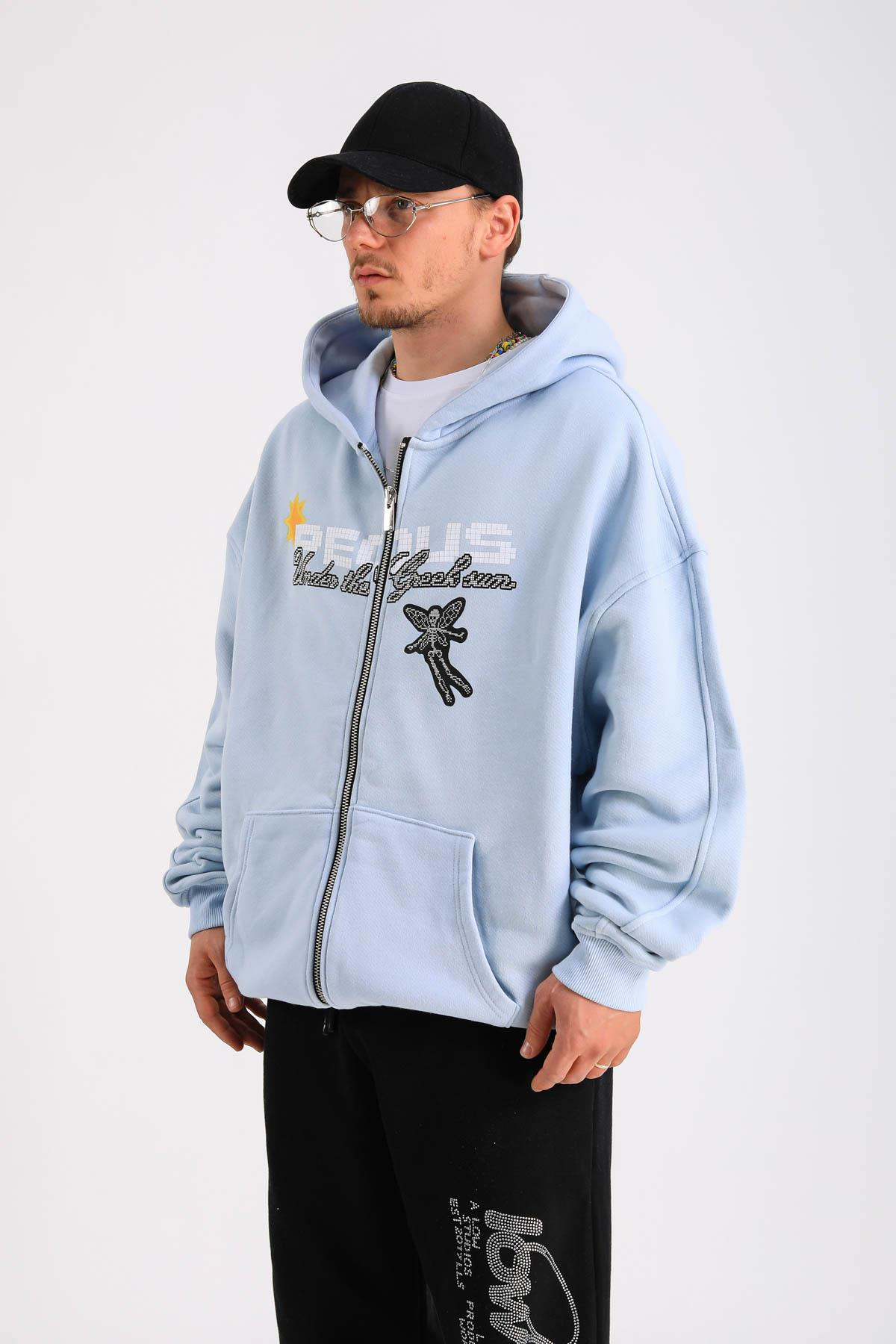 PQS Baskılı Mavi Oversize Zipper Hoodie SW1263