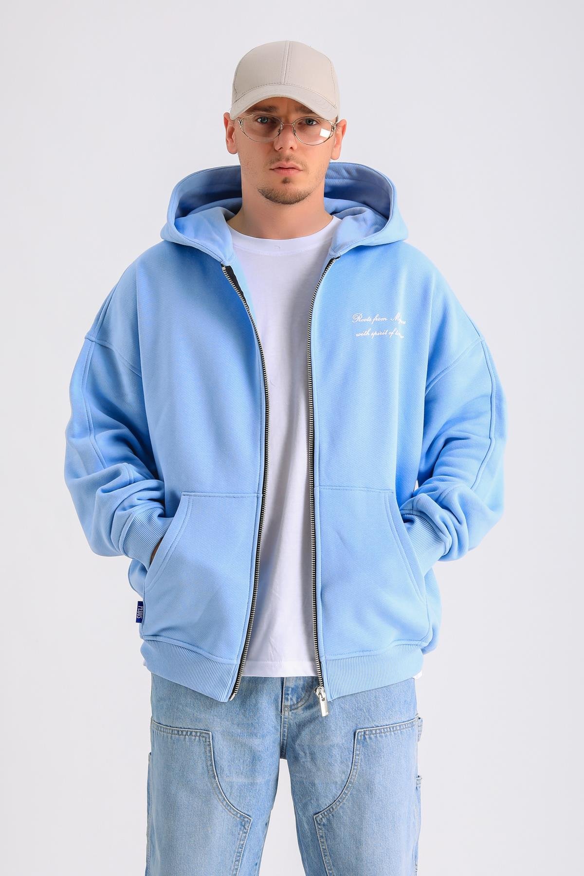 PQS Baskılı Mavi Oversize Zipper Hoodie SW1232